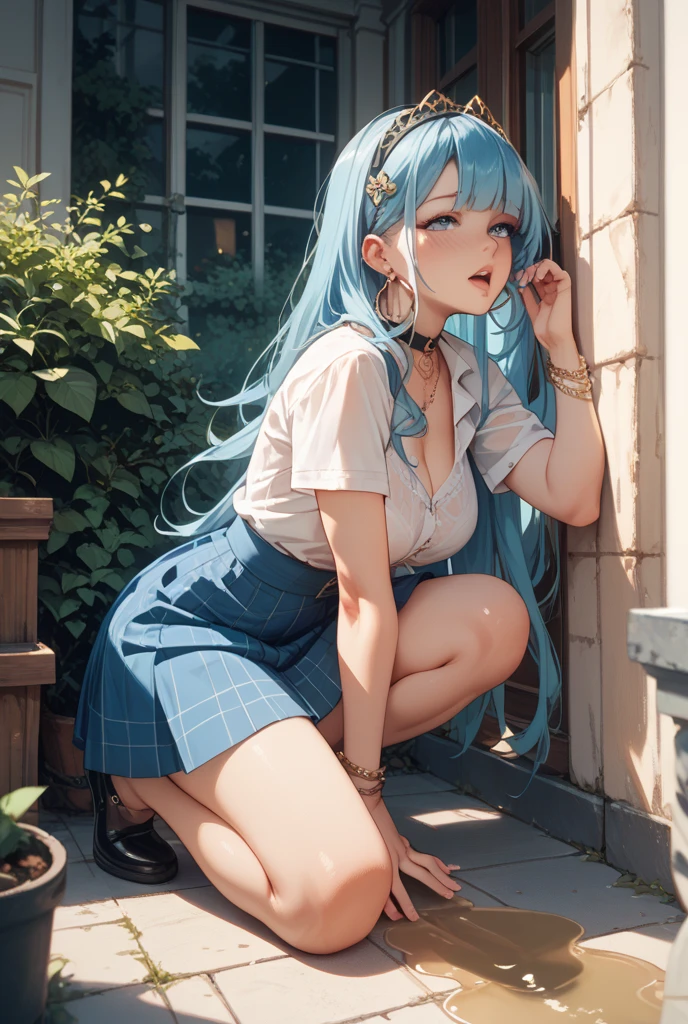 (Best Quality, 8k, Masterpiece), (A pretty girl, long light blue hair, long messy hair, big eyes: 1.3, long eyelashes, delicate makeup: 1.4, sexy lips, blush), (delicate watch, silver reflective heart-shaped necklace, Bulgari earrings, Bulgari ring), leopard print short coat, wearing sunglasses, (sitting on a park bench with built leaves and flowers behind him), (wearing a white shirt with 2 buttons open, medium chest), black shiny transparent pantyhose, Hip wrapped skirt, (sitting with head bowed and bent over, hands off shoes, feet exposed), best light, best shadow, movie lighting, 26 years old, 1girl, aspect, (real skin, supple skin) ray tracing, Unreal Engine 5, reflective skin, digital illustration, game CG characters, supermodel, (Kpop, idol), (surrounded by colorful butterflies flying, 10 butterflies), wind blowing hair, listening to songs with headphones, looking into the distance, in the city, There are people rowing behind you, balloons flying, and there are a lot of beautiful bubbles