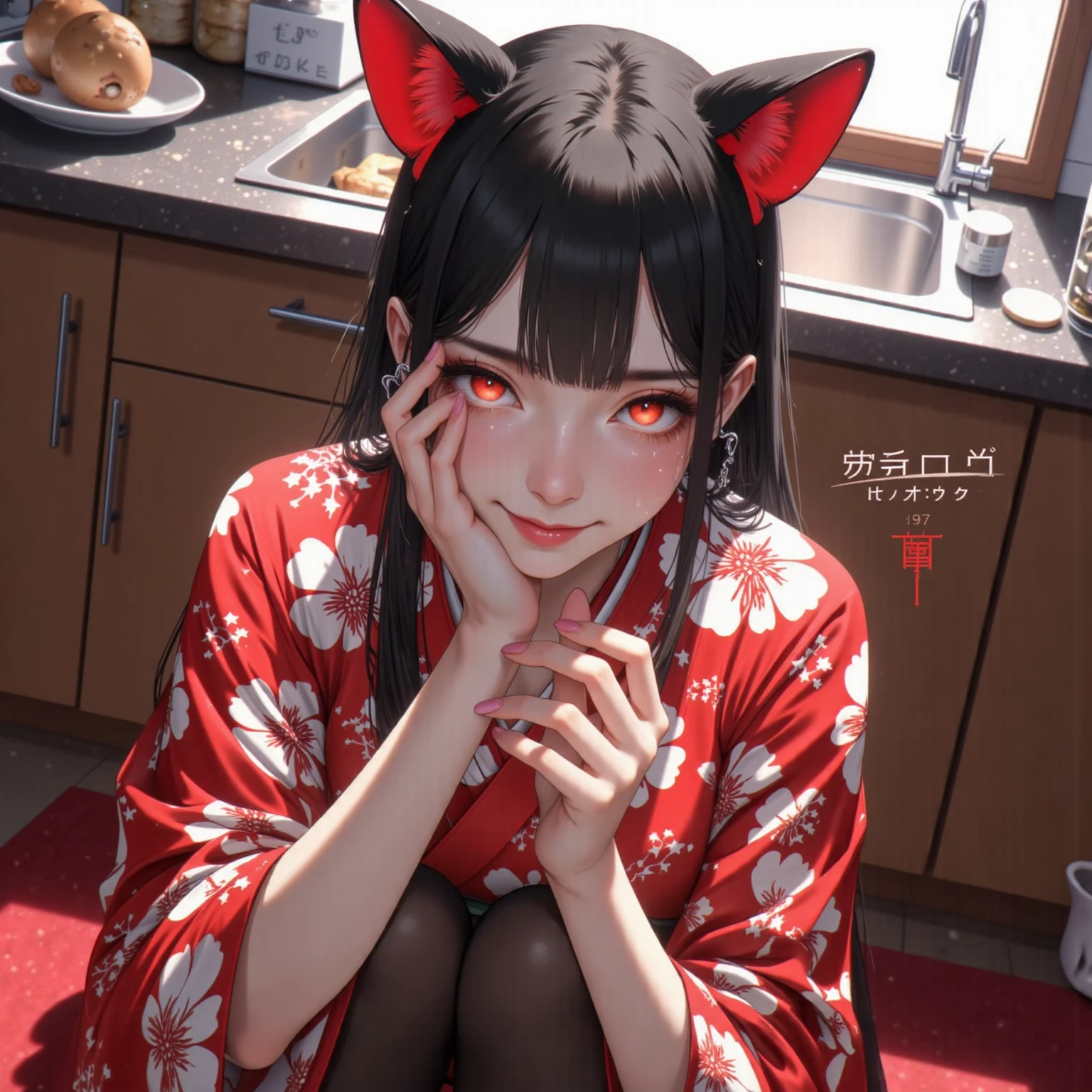 hyper realistic, young japanese girl, ((bad crooked teeth)) , ((yaeba teeth smile )), ((wearing a kimono)),((Giving off a seductive smile))