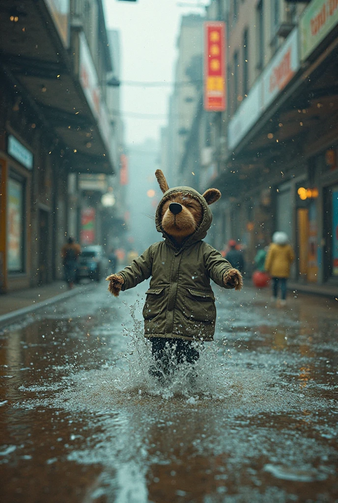 dramatic photograph of a Winnie the Pooh techwear, overcast, heavy rain, detailed, cinematic, dirty