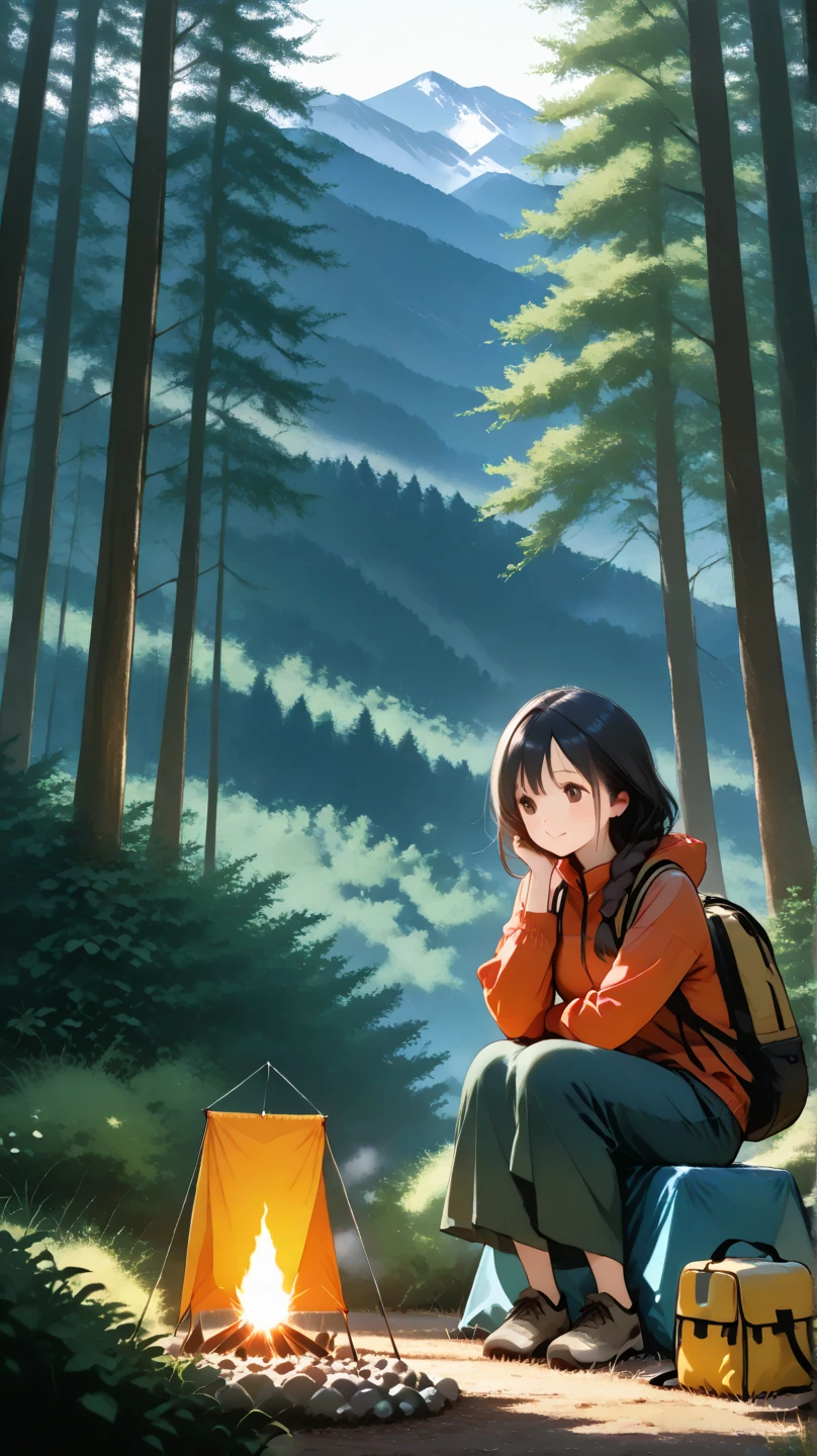 Black-haired mother enjoys solo camping in mountaineering clothes in a mountain forest