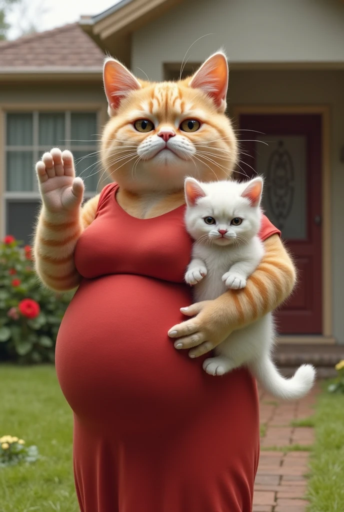 Anthropomorphic lioness,pregnant,wide hips,big belly,big breasts,golden fur,nice dress,penthouse suite,paws on belly,smiling,city view