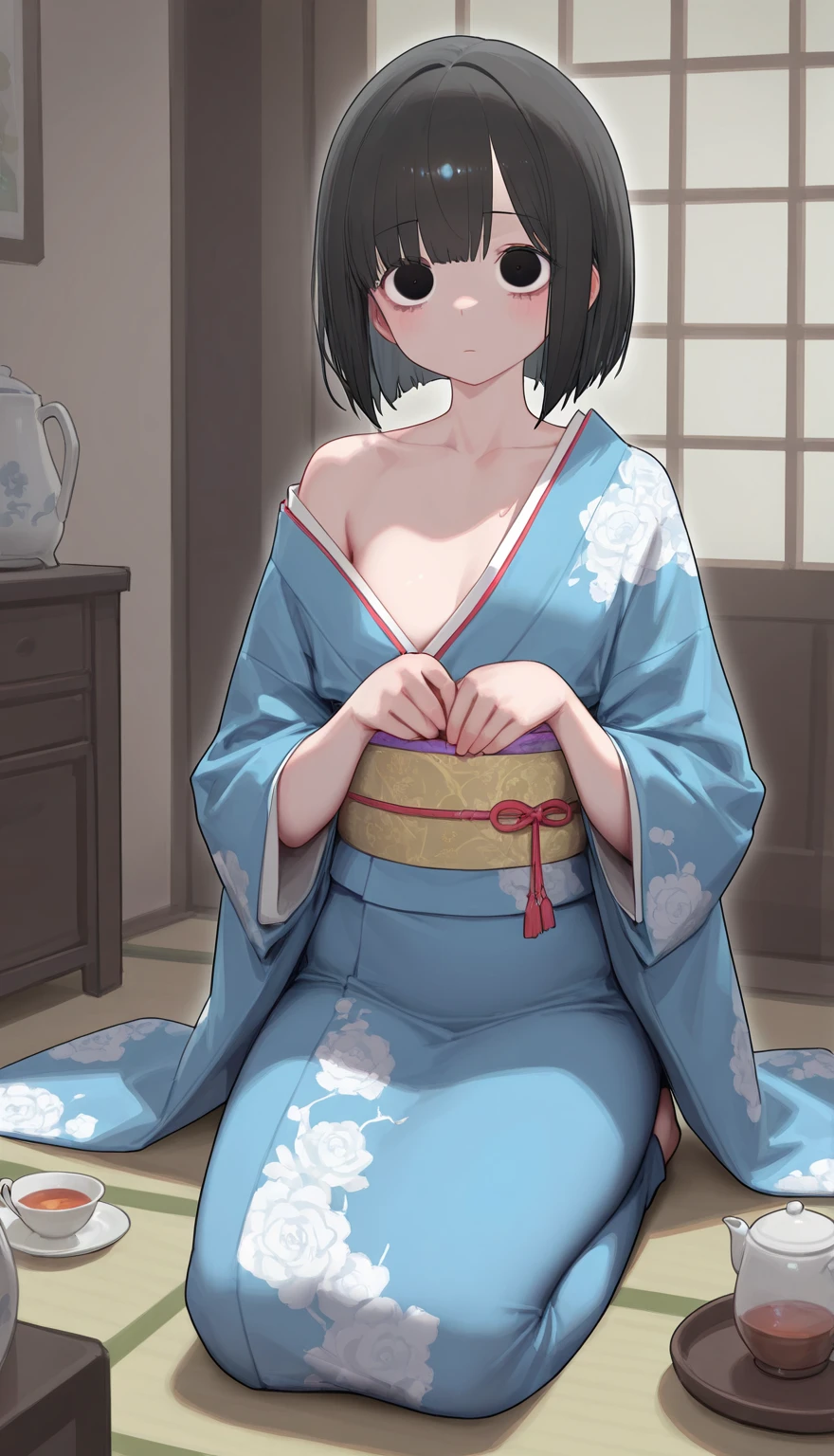 1girl, black hair, short hair, sidelocks, double Topknot, blue eyes, chinese clothes, white sundress, transparent clothes, nipples, covering breasts, covering crotch, hand up, blushing, shouting, indoors <lora:Lyon_Suikoden_V-XL:1> <lora:Kanzaki Hiro_XL_PONY (eromanga):1>, score_9, score_8_up, score_7_up, score_6_up, score_5_up, score_4_up, BREAK source_anime, masterpiece