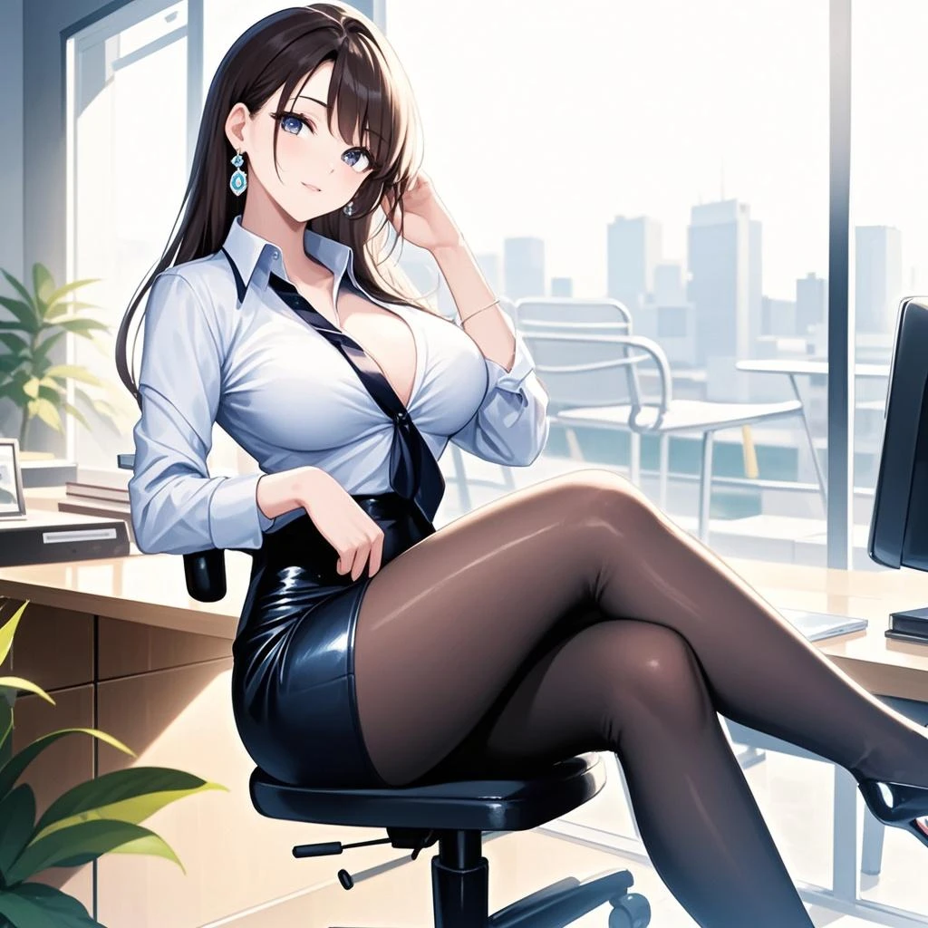 ​masterpiece、top-quality、hight resolution、8K、1womanl、the detail、Photorealsitic、Lustrous hair、skin gloss、Detailed eye depiction、short dark hair、poneyTail、portlate、Full body photo of beautiful sexy secretary in a very short skirt and stockings with seams、stands_Straight、(独奏))、Adults、in a office、high-heels、Craving for sex、strokes_Hersel