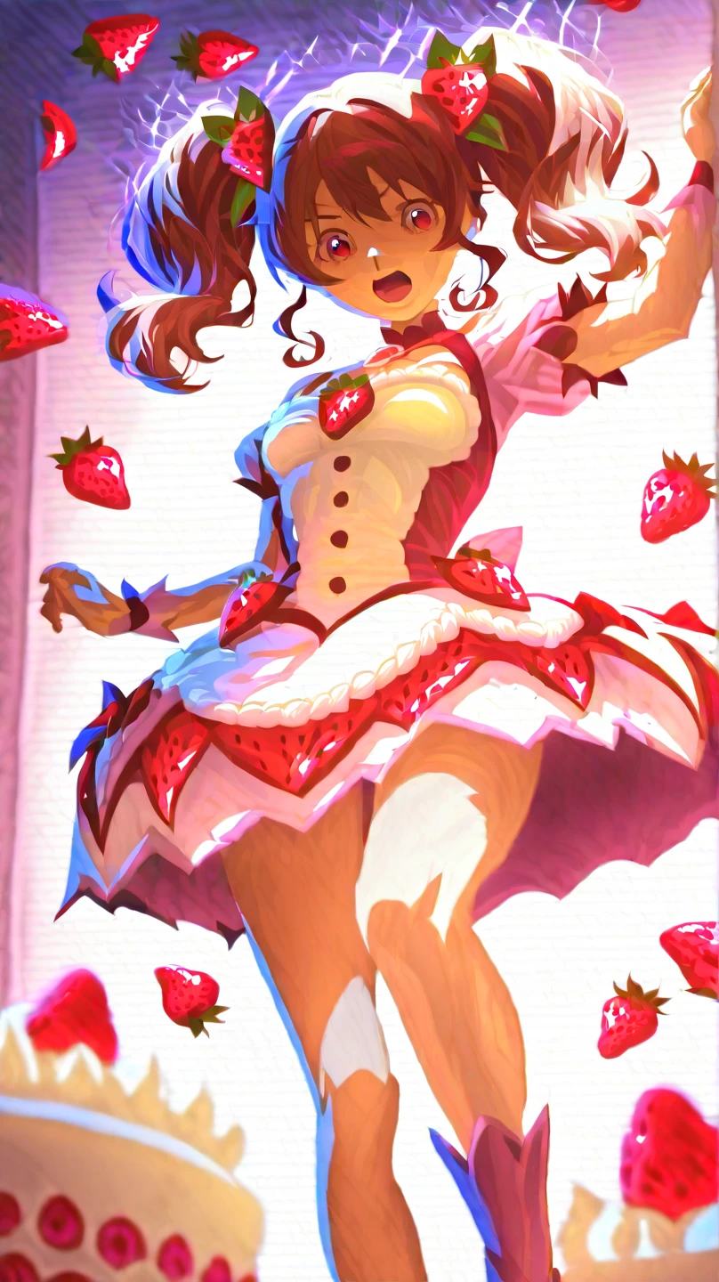 Magical girl emerging from collapsed strawberry cake, twin-tails with strawberry accessories, cake-themed costume, sponge cream strawberry chocolate motifs, appearing from crumbled layered cake with whipped cream, sparkling magical effects, vivid aura, stainless kitchen background, soft lighting, vibrant colors, enchanting atmosphere, dynamic emergence pose, whimsical anime style, detailed illustration, magical appearance