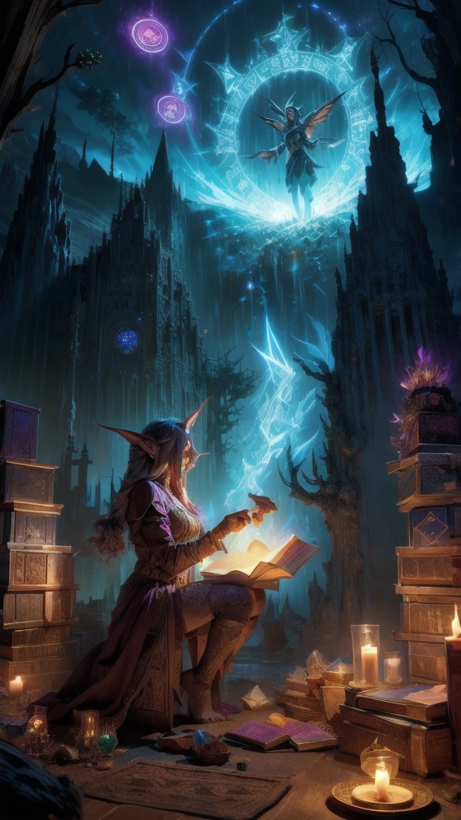 A warrior with a club, an ice wizard, an archer and a witch in a magical library with lightning and hurricanes