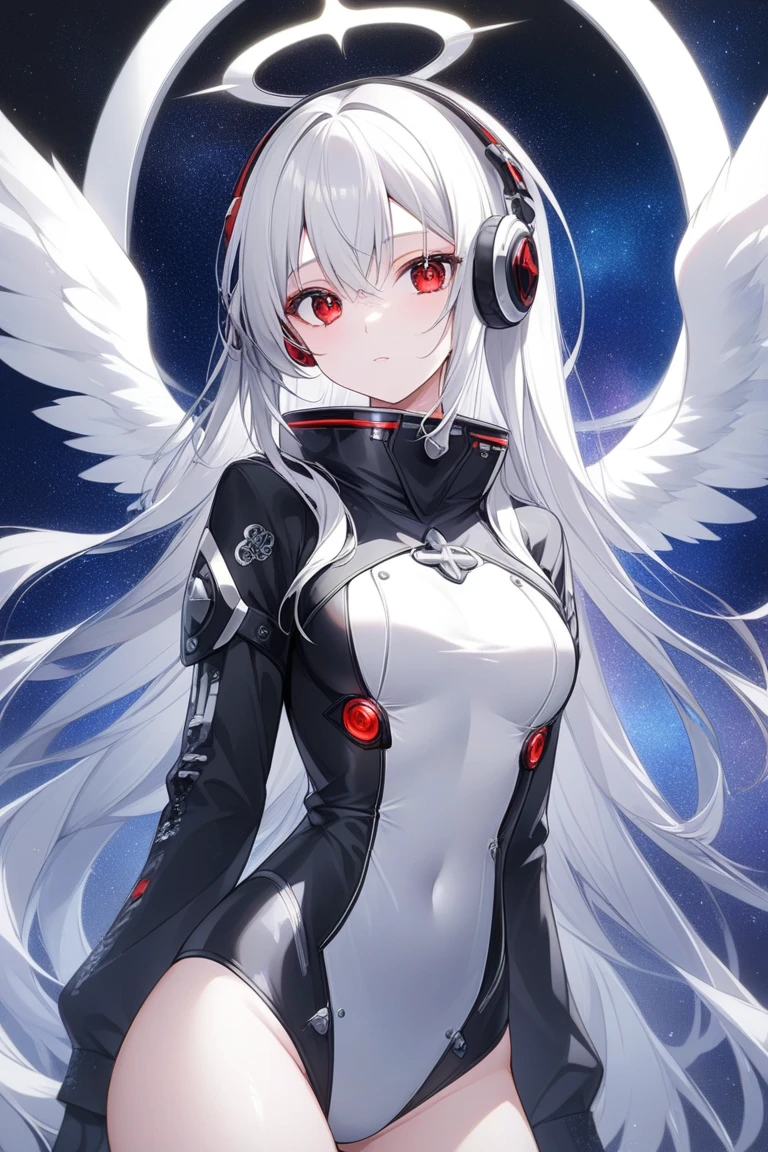 Superb anime illustration, 
mechanical_angel_wing,mechanical_fox_ear,
cute girl, white fox tail, angel halo, silver hair,
Cyber Battlesuit with knee-high boots,thigh gap,serious look,