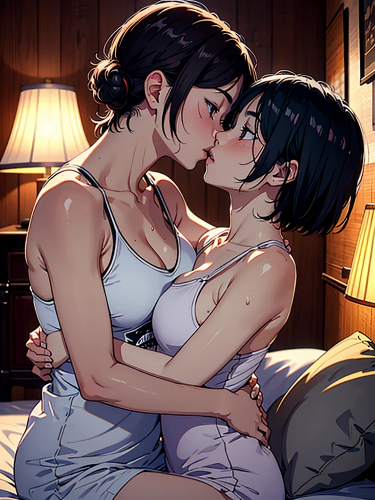 Nsfw, hentai, 2 girls, lesbian sex, chest to chest, rounded cute eyes, eyeliner, very horny, perfect ass, anus, eyes closed, kiss on neck,
bottomless, fit, hot tub, perfect pussy, dripping wet pussy, very wet, medium breasts, navel, open white shirt, short hair, cozy cabin