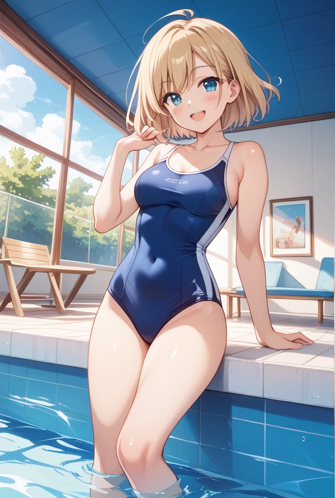Watanabe You、Lying on a deck chair by the pool、Relaxing in a competitive swimsuit。The fresh breeze from the pool blows around her.、The sun's rays gently illuminate her skin。Her expression was calm and happy.、Lying down comfortably。