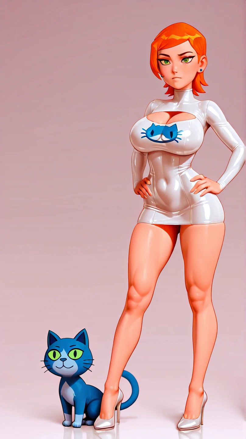 "(best quality, highres, realistic:1.37), ultra-detailed, vivid colors, professional, HDR, studio lighting, bimbo, giga breasts, lovely woman, barely dressed in sheer blue billowing outfit, flirty, walking her cat around her suburban neighborhood, neighbors drop what they are doing and stare"