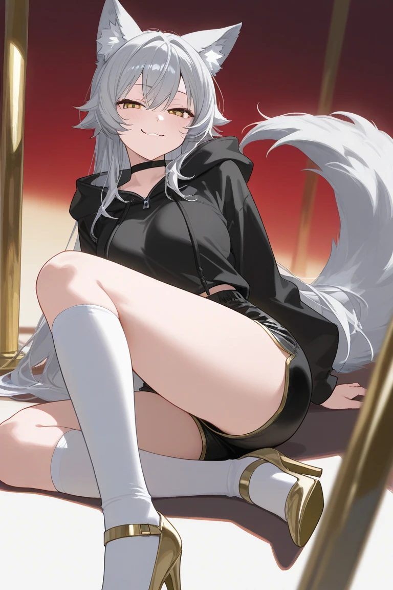 ((Long sleeve, feet cover hands):1.2),(Highly detailed CG, Highest quality:1.1), One girl, Perfect Face, Bright Eyes, (Beautiful, detailed eyes:1.1), Glowing Skin, Shiny skin, Wide Hips, Tight waist, Long Hair, Fox Ears, Animal ear hair, Fox Girl, Yellow Eyes, Fox&#39;s Tail, kimono, White kimono, Fur-lined clothing, rope, Cleavage, Wide sleeves, Off the shoulder, (barefoot:1.2), Detachable collar, Amulets, Simple Background, Black background, Large Breasts, Wicked Smile, Half-closed eyes, There&#39;s blood on my hands, squat, （whole body）, From below, Place your hand on your chest