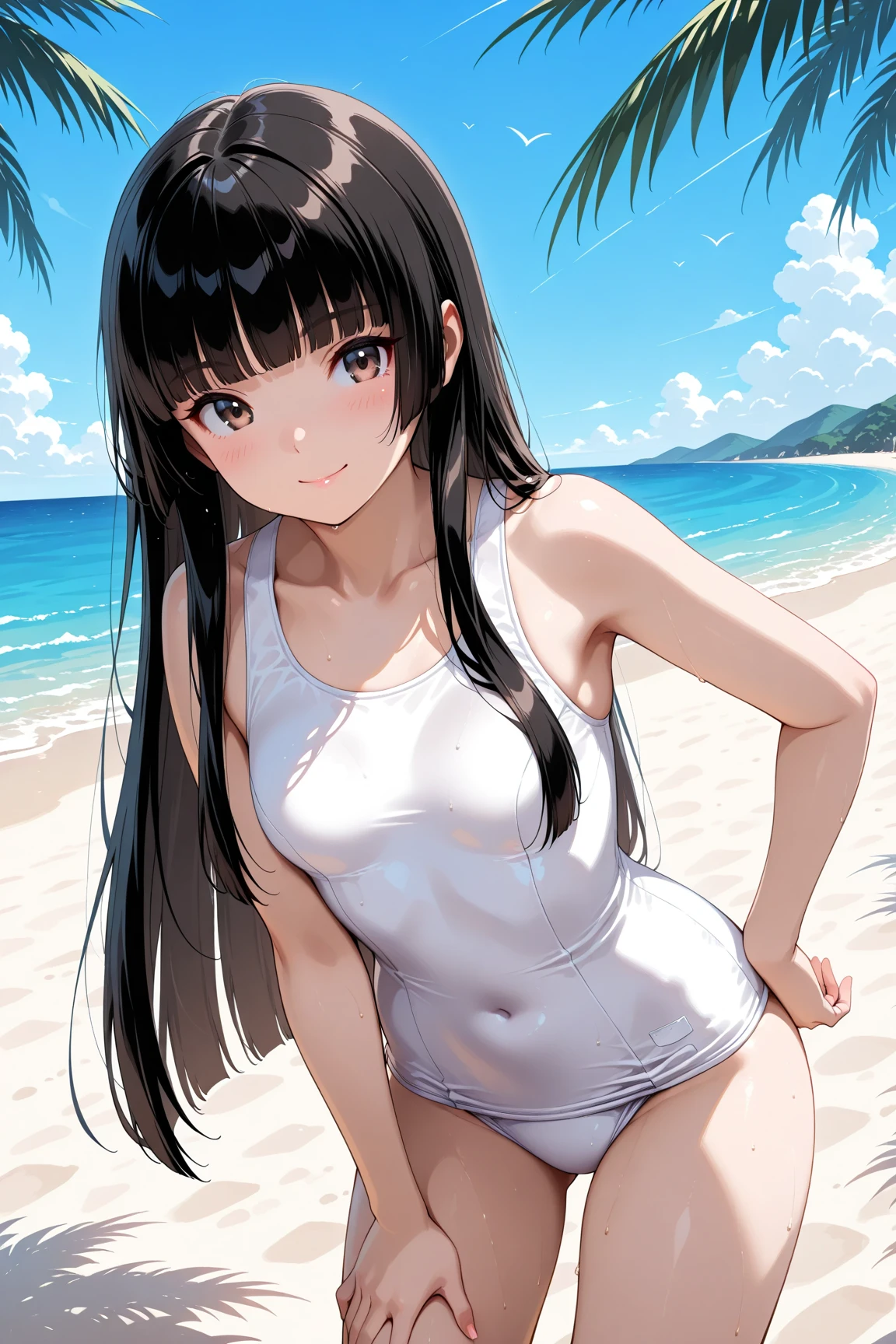 1girl, , 12 years old, cute girl, pretty face, smile, Beautiful black long hair, black eyes, Summer Sea, Seaside, bathing beach, whole, Girl playing with waves on the beach, Dynamic girl, White tank top, white shorts