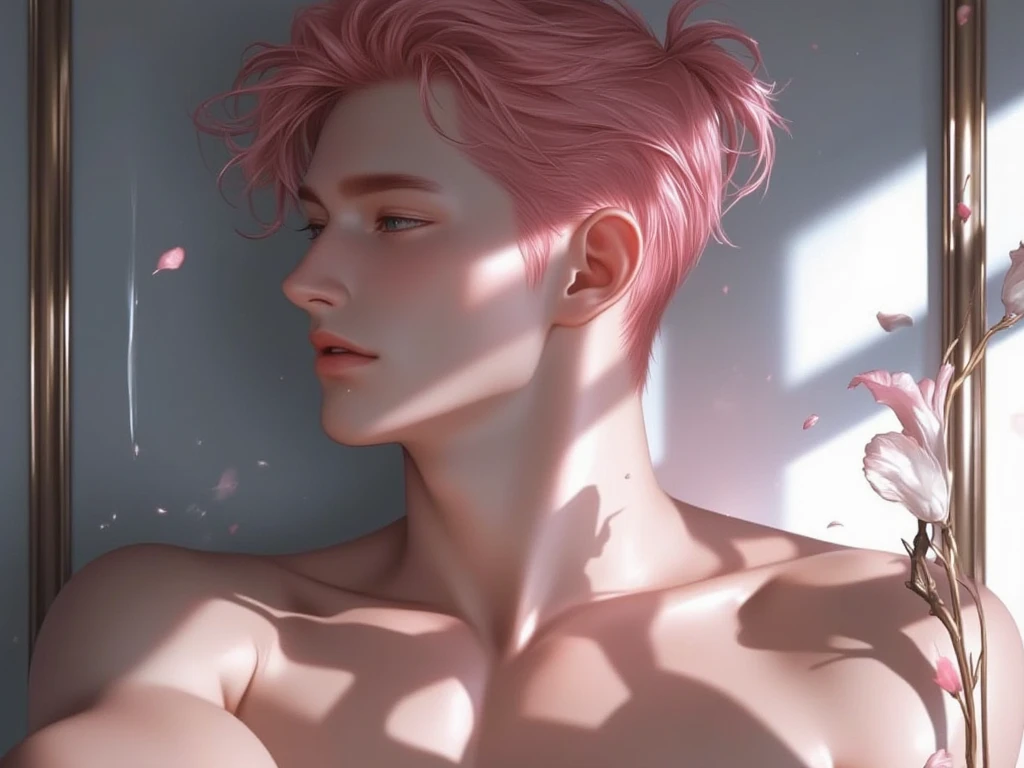 Mentally ill boy with bruises and pink hair looks into a mirror and sees himself as a handsome rich prince in the reflection