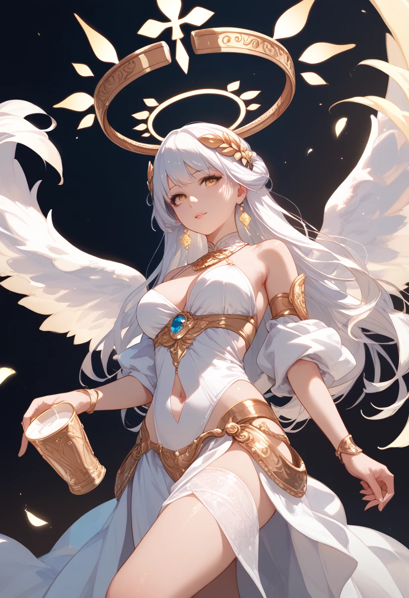 A masterpiece of a Buddhist Guanyin Bodhisattva, white super long hair, flowing long hair, exquisite jewelry, delicate bracelets, exquisite hair accessories, high on the feeling, aperture on the back, bodhisattva, fairy qi fluttering, holding various magic weapons in his hands, golden bracelets on ankles, ancient Chinese costumes, robes, gorgeous silk, flowing tulle, dazzling background, golden aperture on the back, gold Falun on the back, best light, backlit shooting, movie filter, (hands together), (thousand hands Guanyin statue), ultra HD, 8k, fair skin, Wolp_style, duhuang_style, upper body close-up, detailed face, 28 years old, 1girl, fitness marks, slim body, a little muscular, vest line, back curved body, digital illustration art, superlative art painting, (abstract background:1.3), (shiny skin), (many colors:1.4), ,(earrings), ( feathers:1.5) , (Flamethrower:1.3),red background