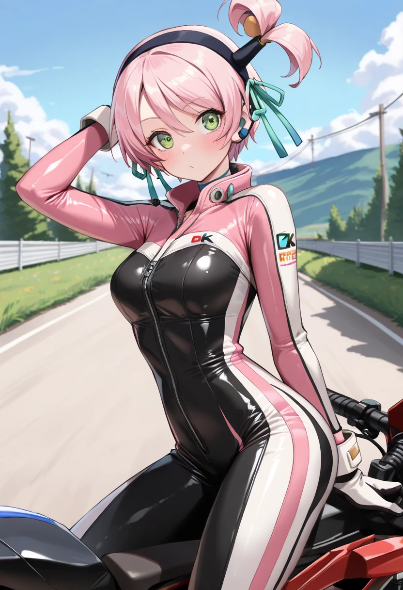 (highest quality、High resolution、8K、masterpiece:1.2、colorful)。Under a clear blue sky、A mountain road lined with beautiful mountains、Beautiful girl getting off her Harley and taking pictures of the mountain with her smartphone。Wearing a rider suit and looking at the mountains。(beautiful girl appearance:short hair、smile、Sweat、messy hair、Helmet)