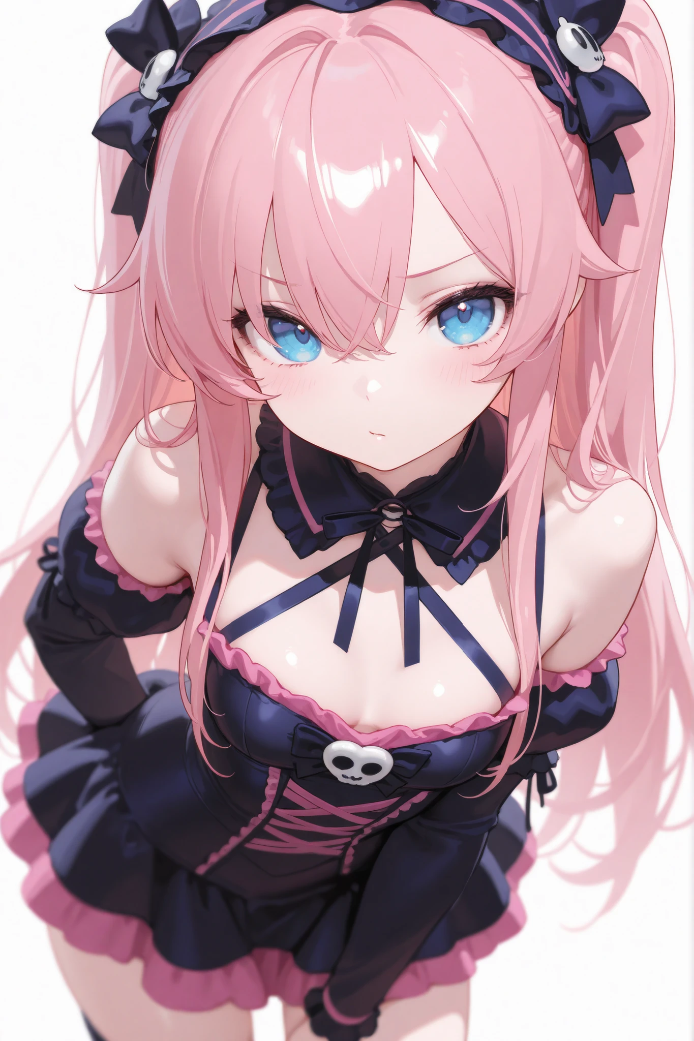 1girl, solo, long hair, thighhighs, breasts, underwear, flower, panties, gloves, lying, on back, veil, navel, elbow gloves, looking at viewer, garter belt, rose, black thighhighs, hair flower, cleavage, black panties, hair ornament, bare shoulders, smile, hair between eyes, very long hair, blue eyes, stomach, large breasts, bangs, black gloves, pink hair, dress, twintails, closed mouth, lingerie, purple flower, thighs, see-through, garter straps, low twintails, cross