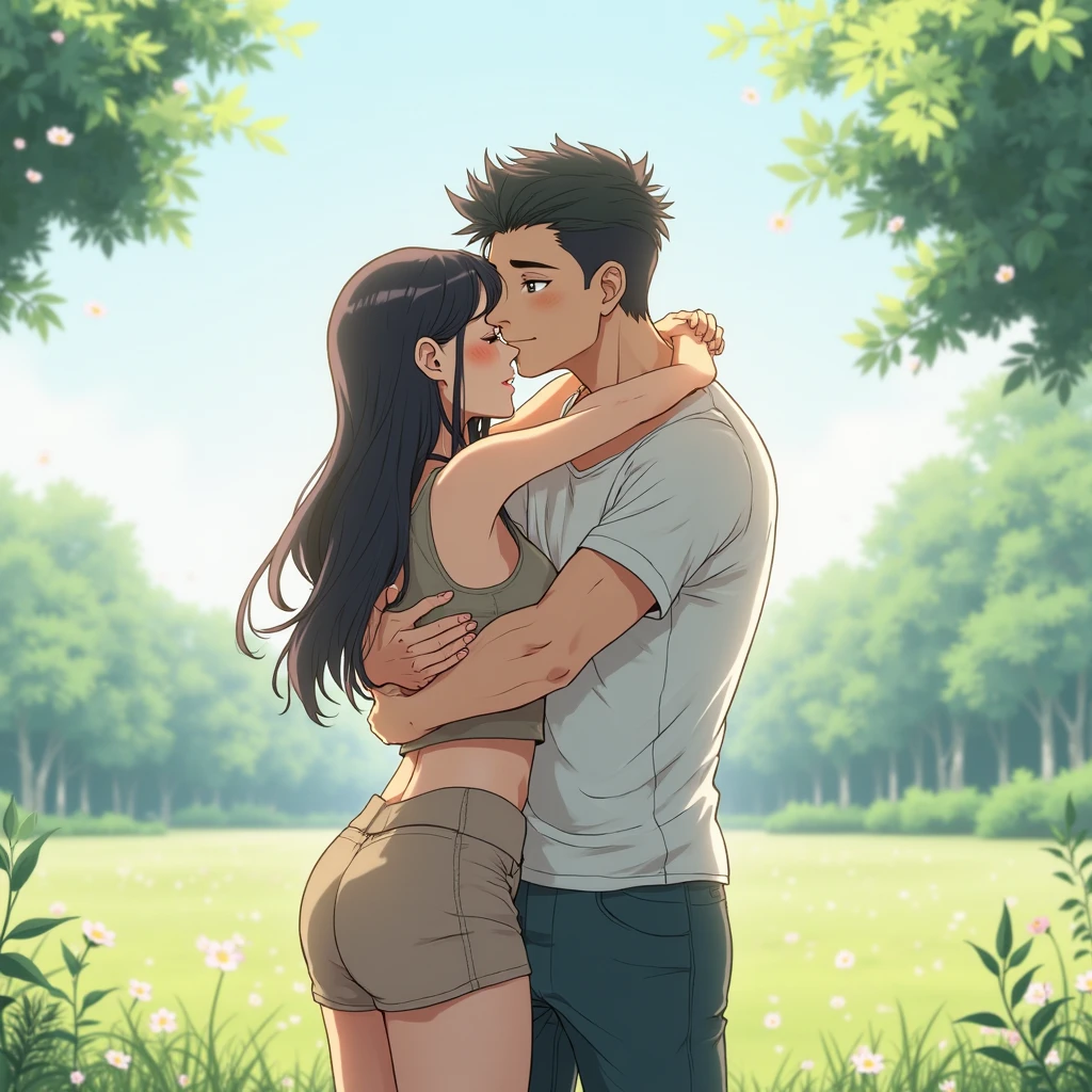 Naked men and women embracing each other　Intense caresses　rural area