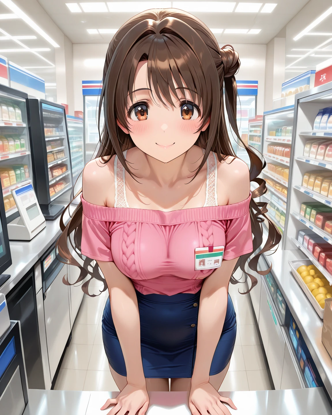 8k,best quality, highres, 1girl,smile, looking at viewer,  cowboy shot,medium breasts,
kotoha tanaka, long hair, hairband, <lora:kotoha_tanaka_v1:0.7>
leaning forward, downblouse, (loose t-shirt),
<lora:downblouse-v1:1>,oversized shirt,naked shirt, nipple, convenience store,