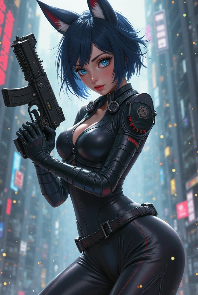 1 Jujutsu Kaisen anime girl, straight black hair with bangs, blue eyes, with a slightly revealing black uniform, with a gun in his hands