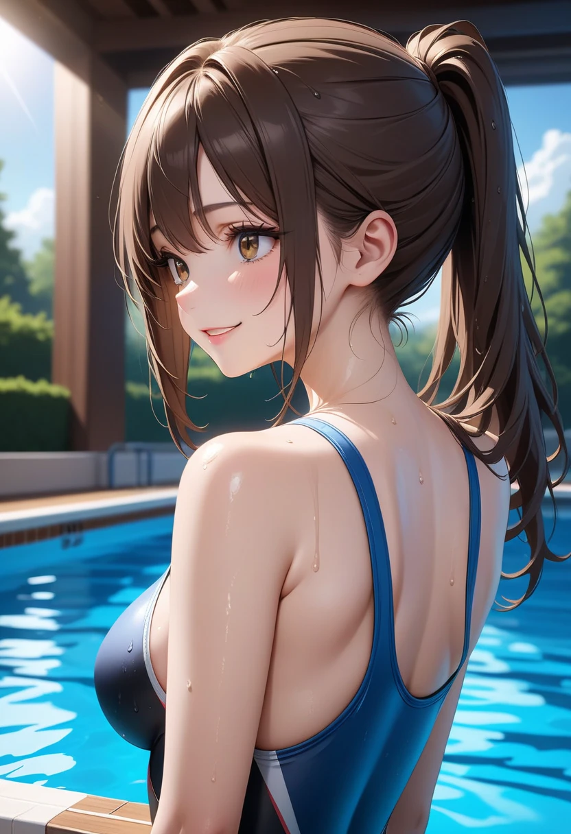 ((Finest quality)),(超A high resolution),(ultra-detailliert),(Meticulous portrayal),((Best Anime)),(Finest works of art),Ultra-Precision Art,The art of astounding depiction,Overwhelming descriptive power:1.5, ((femele:1.5)),Competitive swimsuit:1.5,beautiful proportion,put your hair up:1.5, Large swimming pool:1.7,Sparkling water surface:1.3