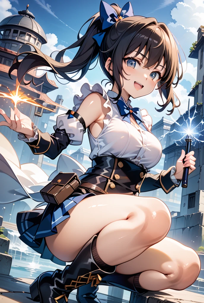 (((1girl))), ((best quality)), ((masterpiece)), ((ultra-detailed)), (illustration), (detailed light), (an extremely delicate and beautiful), (beautiful detailed eyes), (sunlight), ((extremely light)), ((extremely clothes)), (((hyper detail))),(((((front lighting))))),(((((front light))))),
((((quite adorable uniform with brief pleated skirt and magical hat)))),
, (((Wizard))),
wavy long hair, ((((dark brown hair)))), (((long hair))),
(((dark orange eyes))),
((((whole body)))), aged 5 to 8, ((((())))), ((((very adorable young girl)))),
(((condescending expression))), (mischievous smile with sexual satisfaction), (((extra adorable))), (((extra slender shape))),
(((extremely beautiful detailed face))),
((elegant magic gloves)),
((elegant magic boots)),
(((bravely attacking enemies with a Magic of Lightning Volts))), (((((Dutch angle))))), (((platinum panties))),
(((()))),
(((extremely thin thighagical stockings)))
