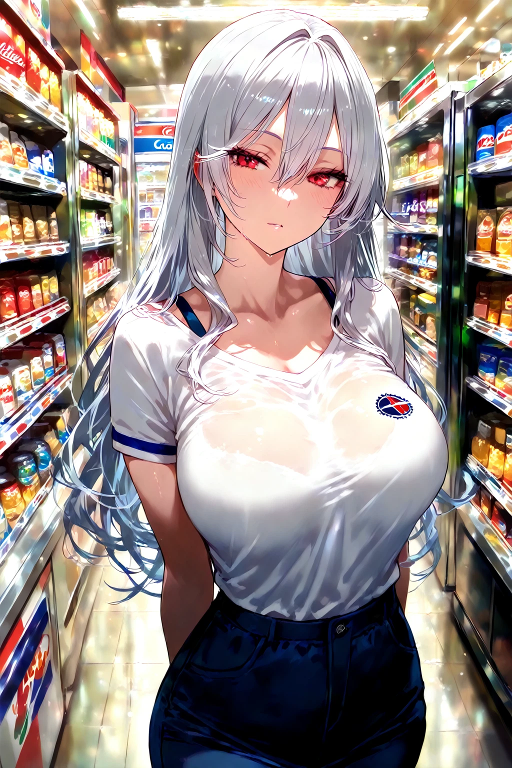 Ultra-high resolution, 8k,high quality,(((low length,、Young Girl、store clerk,nsfw))),(Retrospective angle,Cunning Hand),(、glowing、iridescent light,soft shadow,Anime Painting,thin line drawing),One Little Woman,(((Big Tits、Beautiful breasts))),