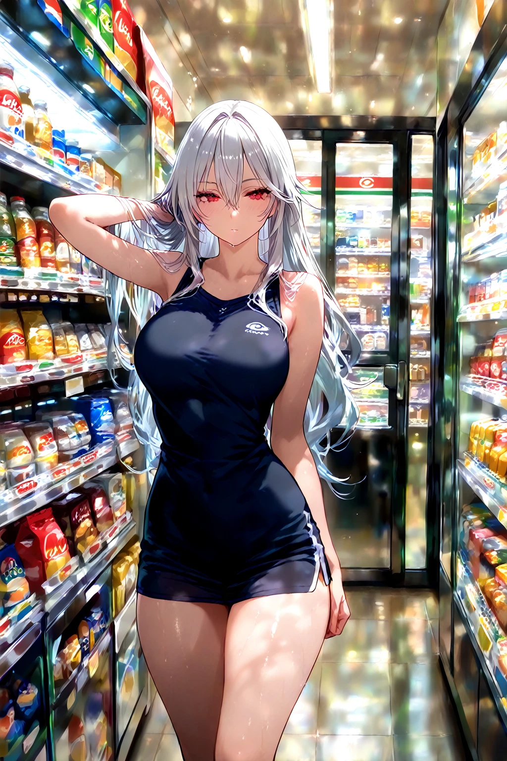 Highest quality、super high quality、16K, Breast size is random、Facial expressions are random、The place is a convenience store、 Hair color is silver hair、The pose is of a girl stocking shelves at a convenience store.、The distance is random、Angles are random、Small face、Very delicate facial expressions、Delicate eye depiction、Highly detailed hair、Erotic、18-year-old female、Glowing Skin、Soft Skin、The only sexy Japanese woman、The clothes are random convenience store clerks、1 female、