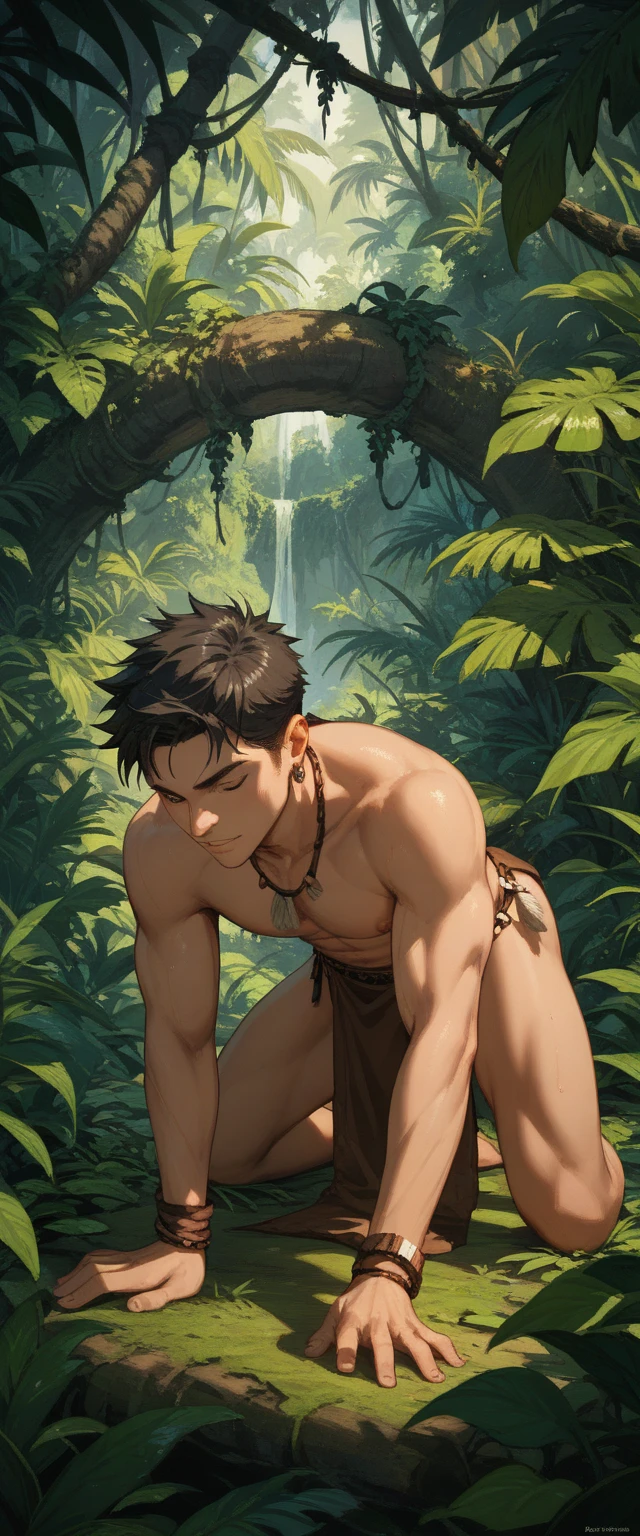 Melhor qualidade, obra-prima, ultra alta res, fotorrealista: 1.4, 1 young man, meditando, flutuando, cabelo escuro, lighting dramatic, corpo inteiro, na selva.