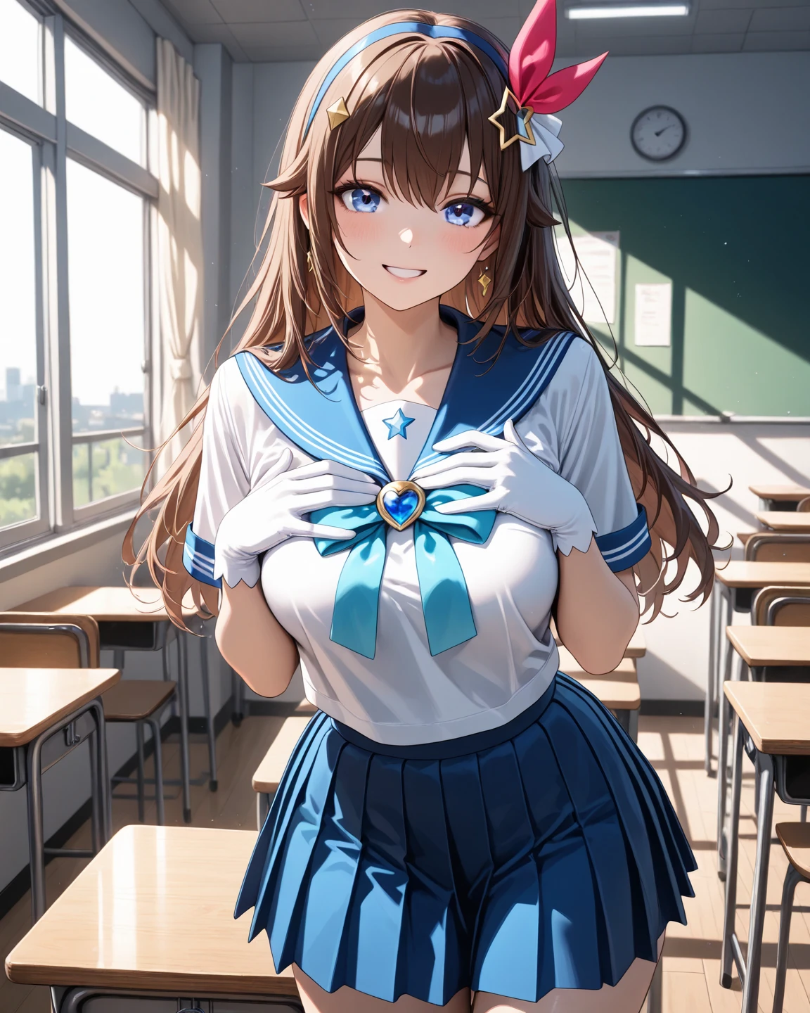 highest quality,best quality,1girl,big breasts,orgasm,blush, sweat,Nanoha Takamachi,takamati nanoha,((long hair,twintail:1.3)),hair ribbon,white shirt,pleated skirt,blue skirt,mini skirt,panty shot,upskirt,lift skirt,white panties,lace panties,classroom