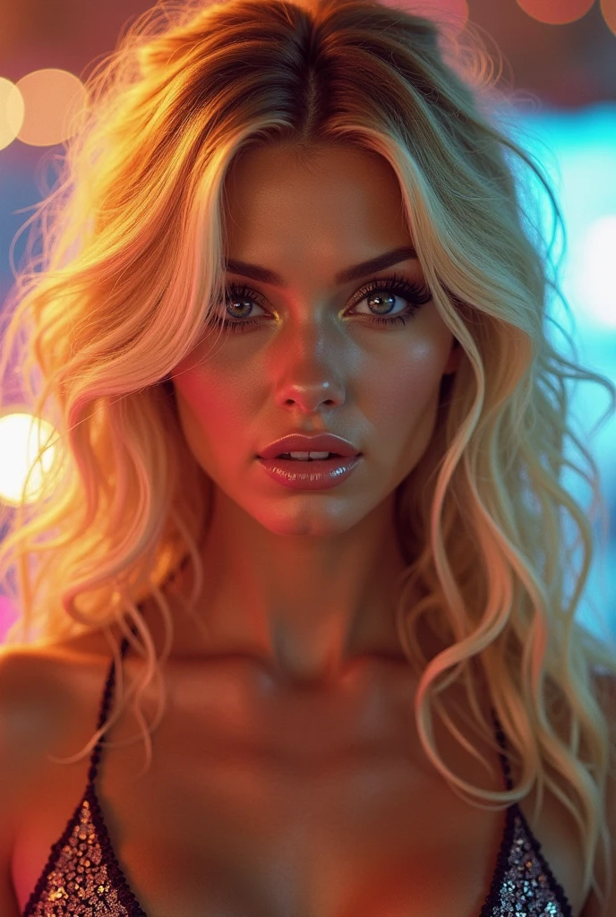 Blacklight on an ultra hot gorgeous European woman, age 23, blonde wavy hair, she’s a playmate, men magazine model. neon, led ,colorful , glowing eyes , beautiful face ,very beautiful , artistic glowing smoke blended with the hair
