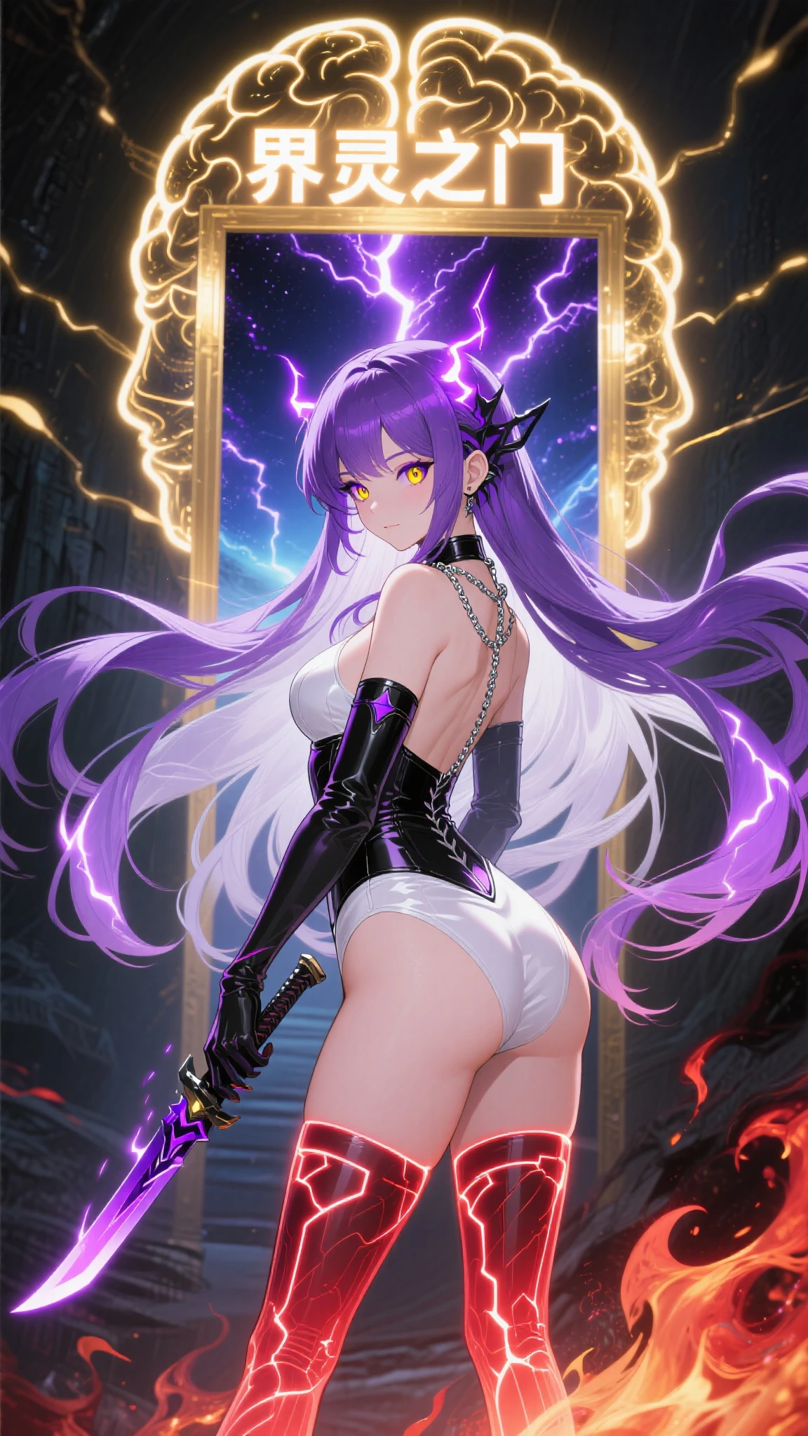 Real style image of an anime girl with long purple hair and purple bra top posing, seductive anime girl, anime goddess, biomechanical oppai, oppai, tentacles, flirty anime witch casting magic, anime moe