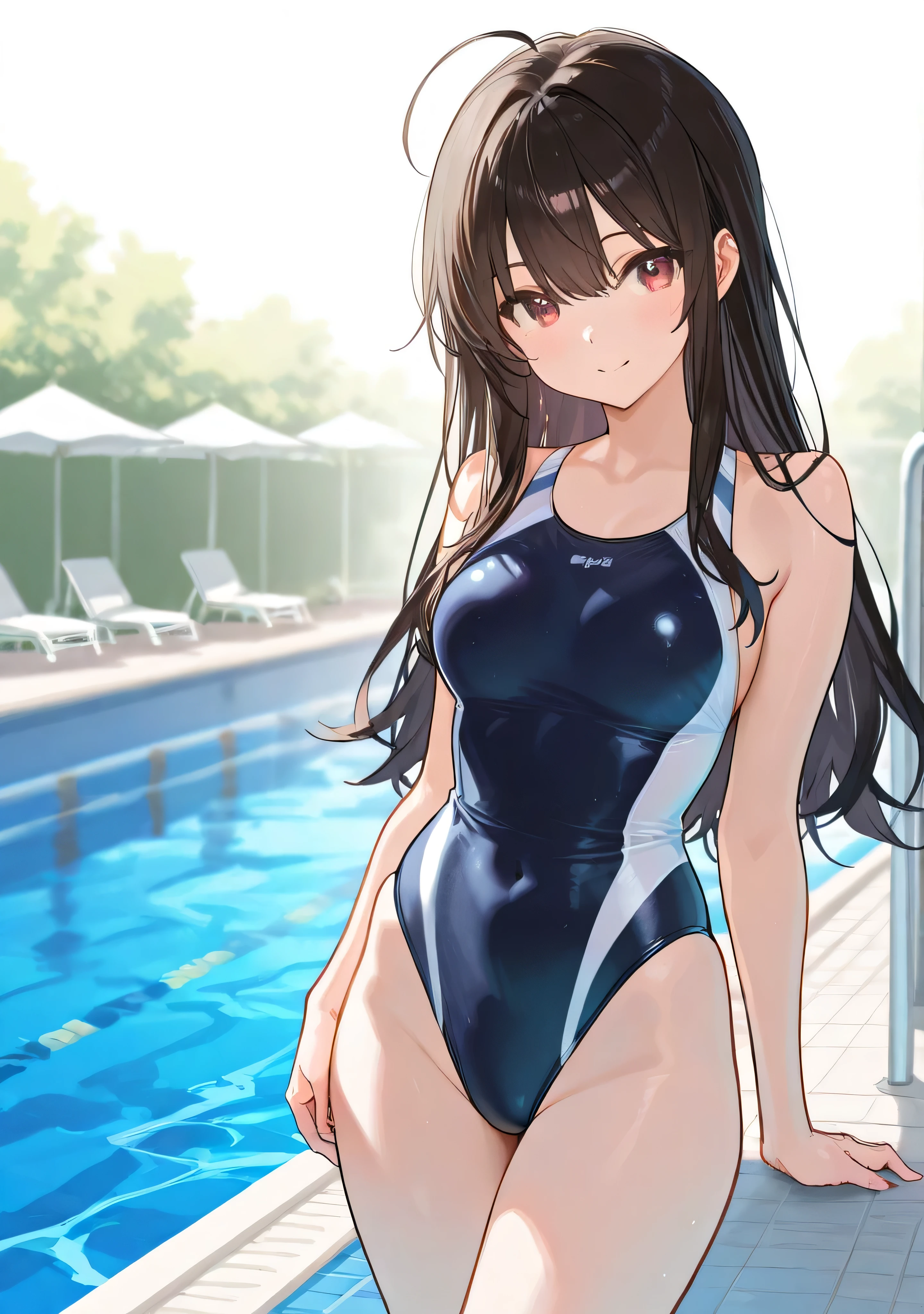 ((2D Beautiful Girl、highest quality、Perfect Finger 1.3、Perfect Anatomy 1.3、Very delicate and beautiful illustration))、pretty girl、(Conversion Sequence)、((Swimwear))、14 years、Slender beautiful girl、Fractal Art、Baby Face、((Straight Long Hair))、Big droopy eyes、Laughter、Full-body display、(1 person)、Long sleeve、School swimming pool、Are standing、