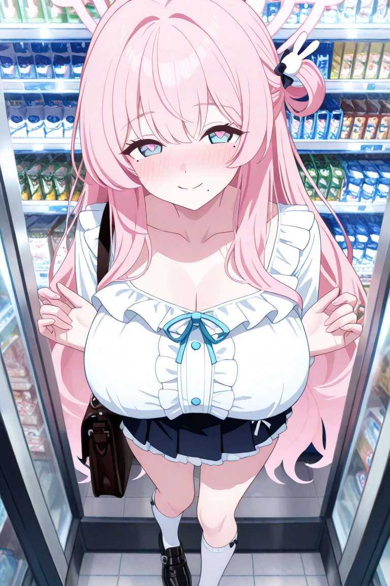 16yo girl, light pink hair, hime cut, long hair, J cup breast, thicc thigh, perfect body, micro short shorts, mini white tank top, minimarket view, clear view, looking for items