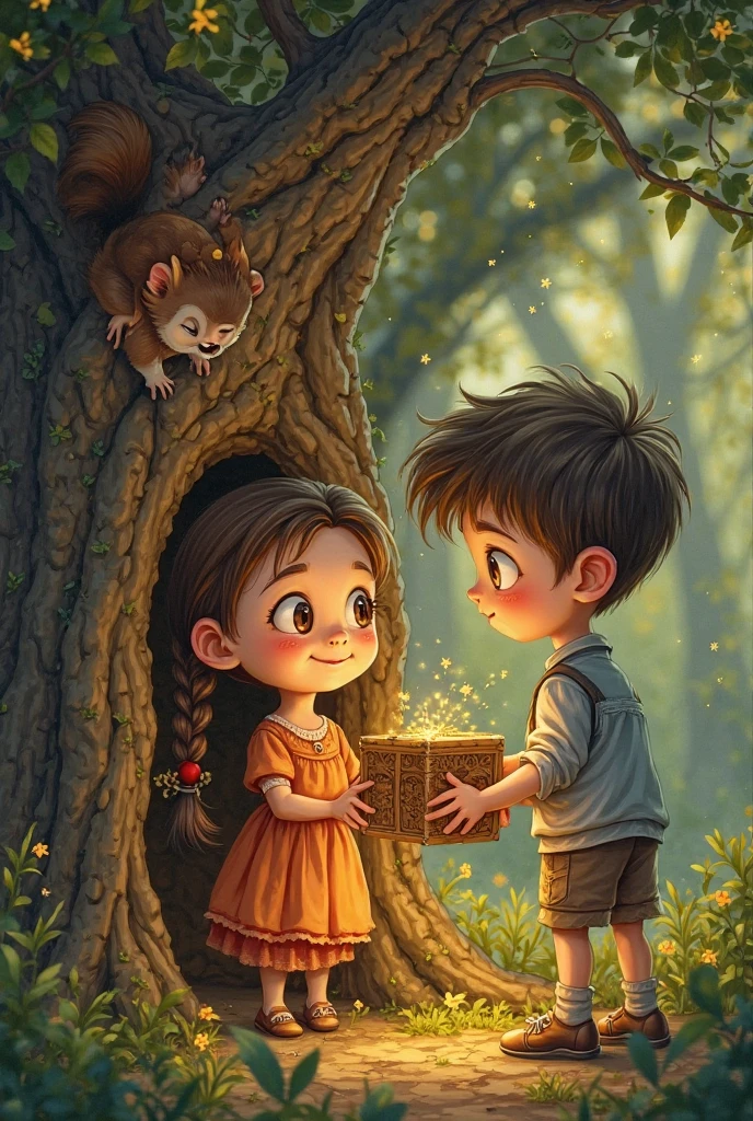 The gift on the tree**:
- **Description**: scout (A woman) and Jem are by the tree with the knot. Jem está sacando un regalo de dentro del nudo mientras scout observa con asombro. Gifts could be small objects wrapped in paper.
- **Details**: It shows the tree with a prominent knot and the children with curious expressions..