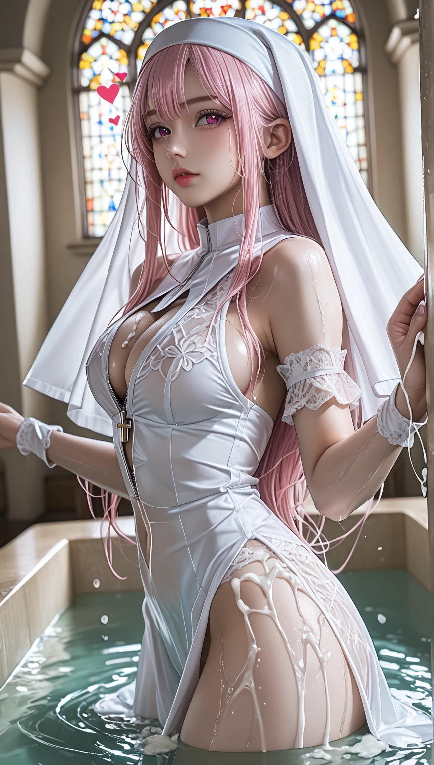 (quality)), ((masterpiece)), Recommended results、Puffy nipples、(see through:1.5)、straighten your back、abdominal muscles、huge bust、angle to floor:1.2、low camera angle、There is air leakage in the crotch、light pink latex，Smile，ayanami rei，Fat girl