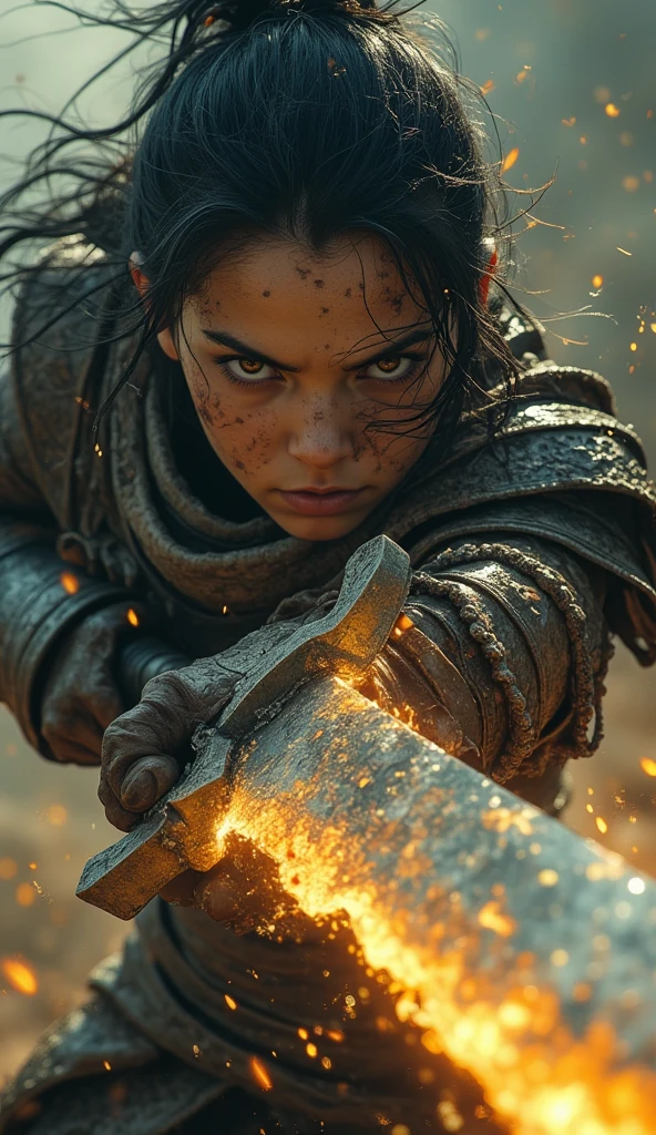 masterpiece, high quality, best quality, beautiful, hd, realistic, perfect lighting, detailed face, detailed body, 1 man, solo, black hair, green eyes, long black beard, brown and worn leather clothing gladiator style: 1.4), leather breastplate, 1 wooden spear in hands, war battle background, gladiator style, muscular men, robust, angry look,