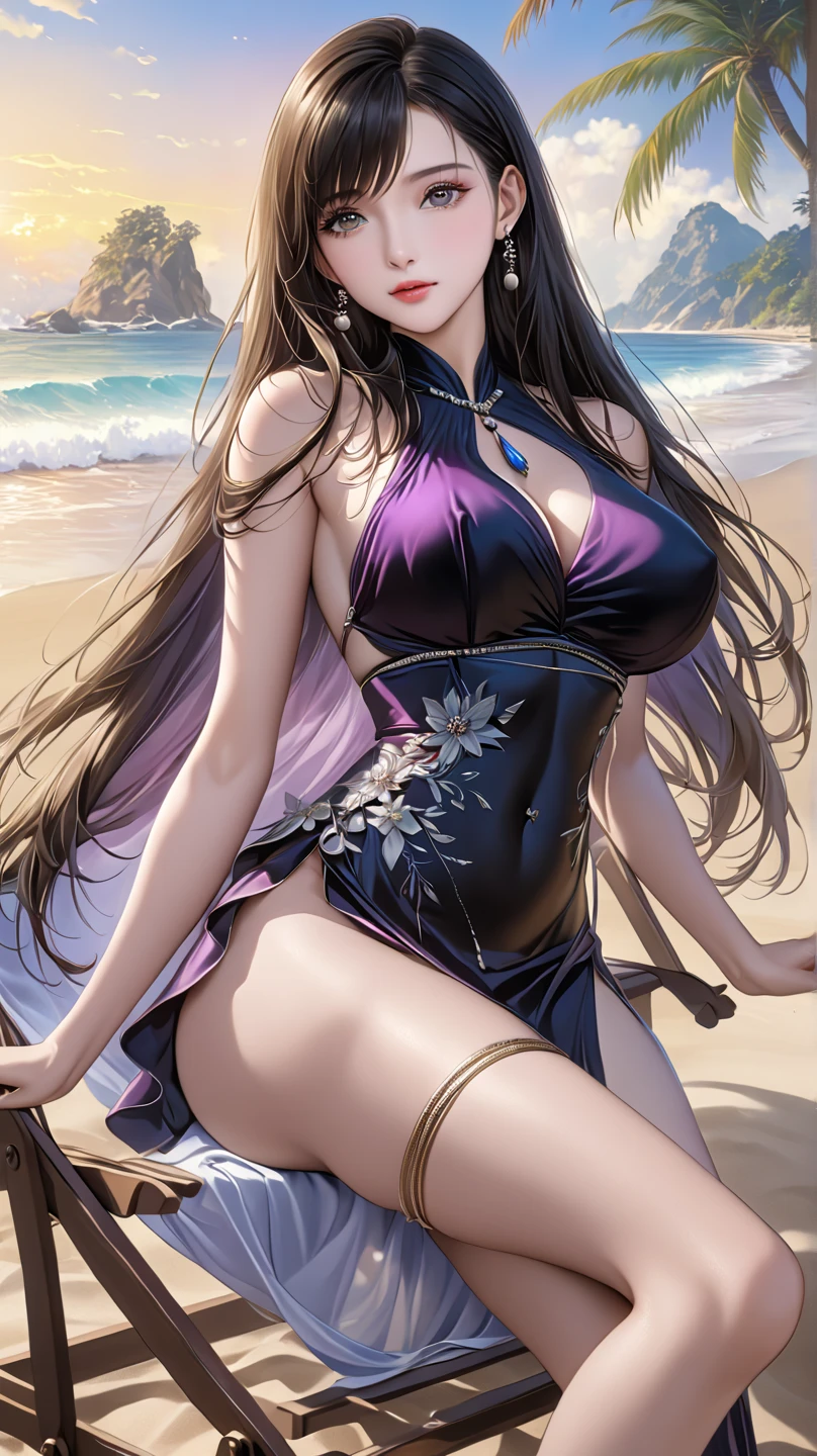 a woman with black longhair and beautiful purple eyes, wearing a white yukata, walking on a transparent sea with a mirror-like beach, background with splashes of water, full-body illustration, rainbow-colored halation, sparkling wind, beautiful watercolor painting illustration