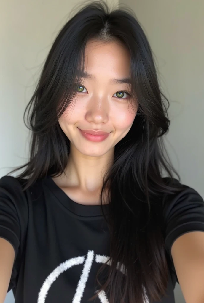 She has an oval face with high cheekbones, a defined jawline is Asian, japanese. His eyes are large and almond, black in color, with long eyelashes and thick, arched eyebrows, with a small scratch on his right eyebrow. His nose is small and straight, and she has full, wide lips. His hair is black with a green streak on the left side., short and smooth, usually worn loose with a fringe that partially covers the forehead. Her skin is fair with lots of freckles on her nose and rosy cheeks.. A SELFIE OF YOUR OWN SMILING, wearing a black crop top, INSIDE THE MESSY ROOM, clothes thrown on the floor