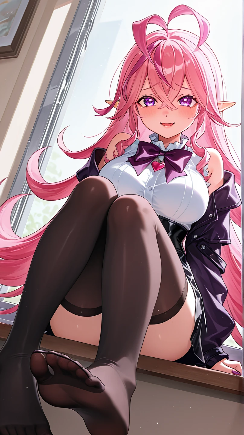 blush, cleavage,glowing aura, natural light, masterpiece, glossy skin, juicy lips ,long hair, cute, kawaii, adorable, kawaii clothes,random hair style,sexy, hot, , random expression, blonde hair, ((pink highlights in hair)), pink eyes, purple bunny ears, bonfie, smirk, glasses, pigtails and braids, cleavage, bright pink eyes, , juicy lips, bimbo, hour , smile, doctors uniform, needle, random pose,glass, focus, latex clothing, big lips, feet, knee high socks