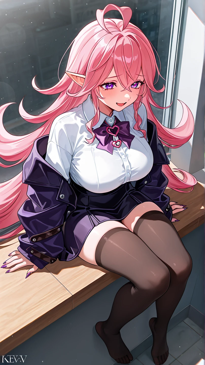 ((masterpiece)), ((Highest quality)), ((Very detailed)), One girl, Long Hair, classroom, Feet Focus, Sit on a chair, Big Breasts, plump, blazer, skirt, pantyhose, panties under pantyhose, Wicked Smile, Looking at the audience, From below, (Turn the soles of your feet to the viewer:1.3), Steaming body, Sweat, (Sweaty feet:1.2), Lift your legs