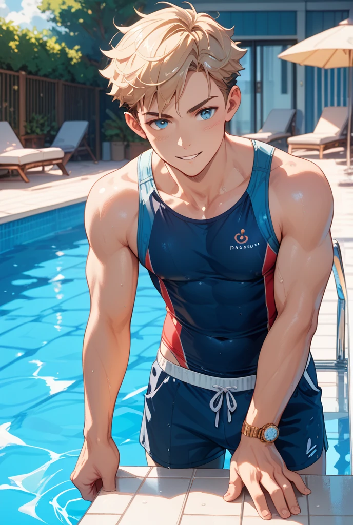 Brown hair boy, blue blue eyes, smiling,male face, muscular, hot and sexy sweaty body, shirtless, wearing short yellow shorts, standing holding his erect penis