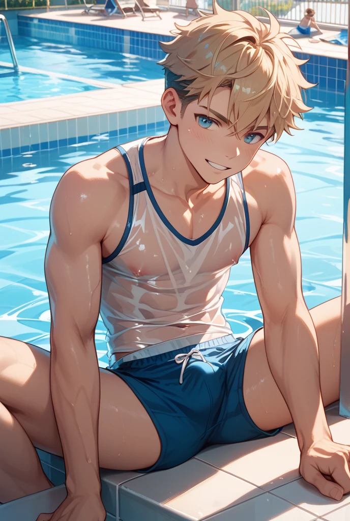 muscular young man Short Hair Completely naked Daytime pool The penis is erect Fair skin Pink nipples