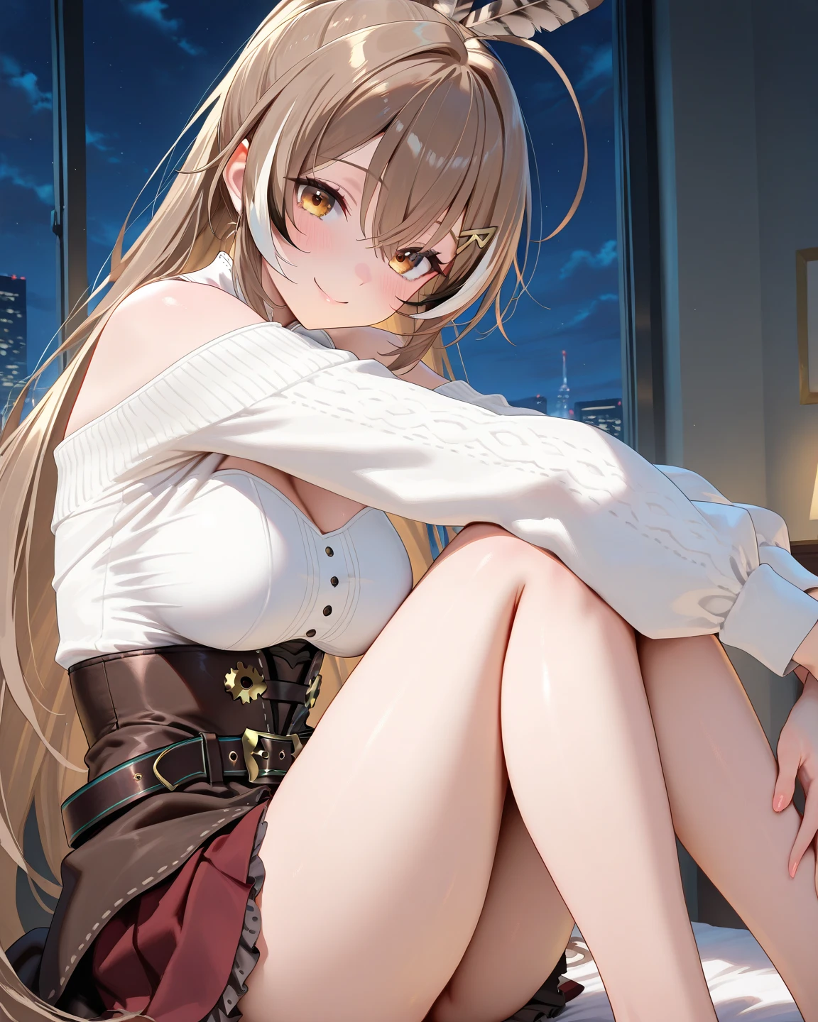 (((ultra high definition))), masterpiece, best quality, 8K, Accurate description, Carefully painted, Meticulous details, ((Festival of Japan, night, night market, Sit on the railing on the side of the road)), a girl, White skin, perfect face, (light brown, blowing in the wind, Extra long curly hair), ((cute look)), Detailed depiction of facial features, blue shining eyes, long eyelashes, double eyelids, Exquisite makeup, pink moist shiny lips, Shiny earrings, smile shyly, blush, kiss, ((Mature and sexy figure)), Beautiful body, perfect body structure, side boob, medium breasts, ((Oversized light color loose collar sweater, Show one shoulder, Open collar)), (((Black)))Delicate lace and gorgeous lingerie, seductive cleavage, (Dark skirt, dark stockings, boots), (Seductive moves), (Perfectly detailed hand-drawn renderings), round ass, (Slender smooth legs), Complete legs, movie lighting, Soft high contrast side lighting, transparency, Cinematic feel, perfect composition, ((full body image)), Rich environmental details, Prominent theme, Overall exposure -1