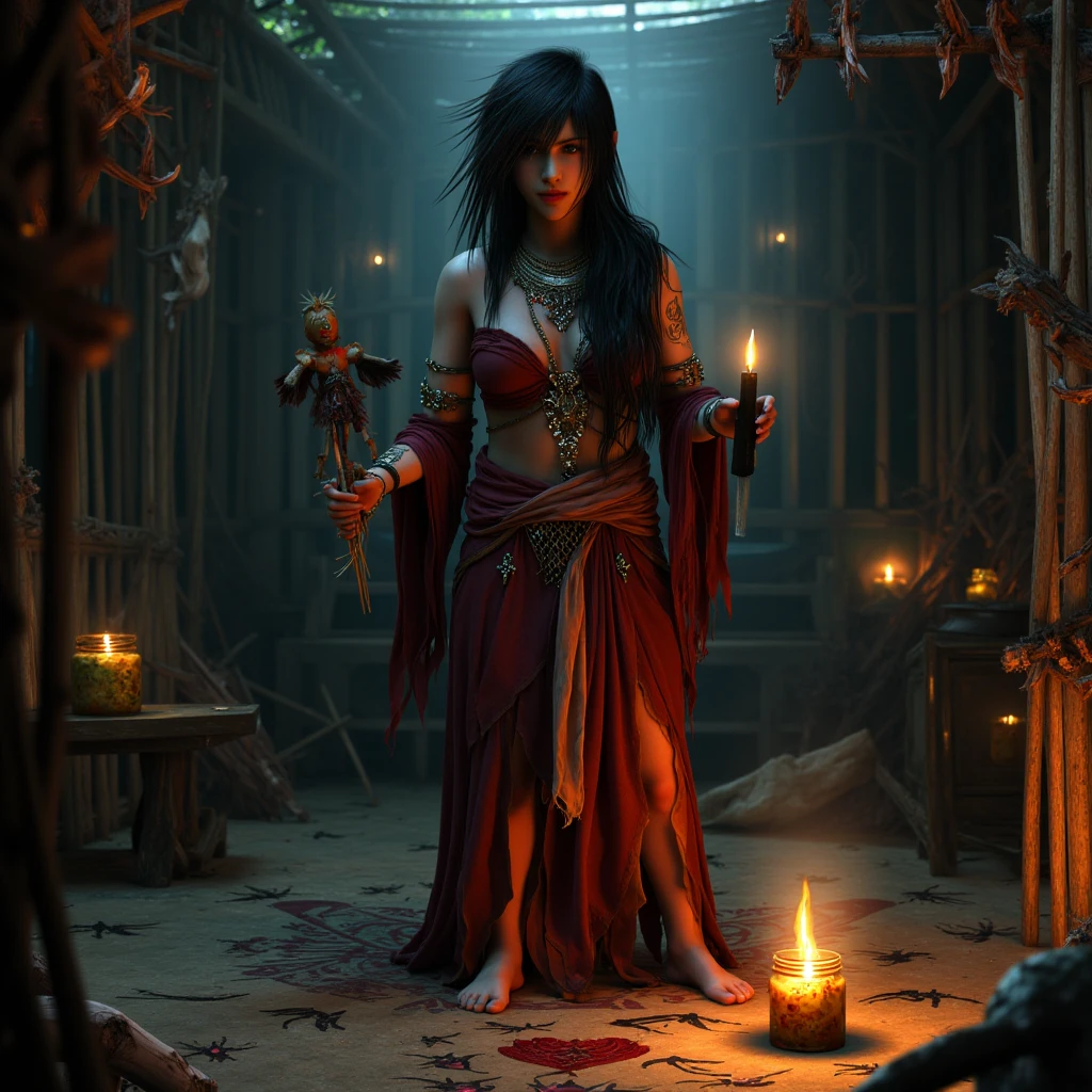 "A sultry sorceress, her curves illuminated by flickering torches, kneels before a mysterious artifact in a cave, channeling the power of the Panchbhairavaastra."