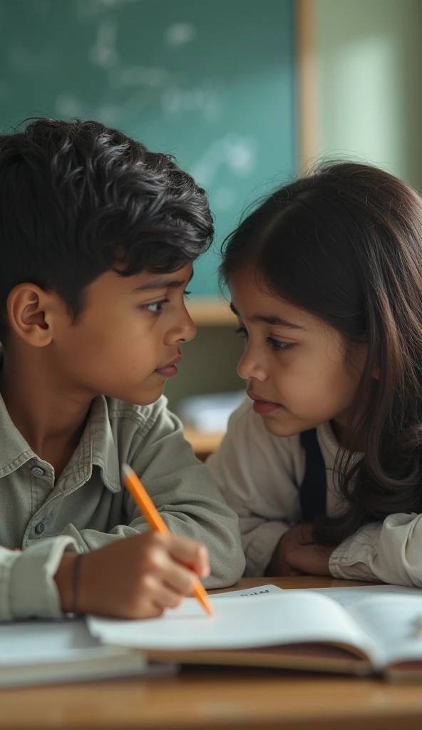 In the classroom, there was a young boy looking at a young woman.