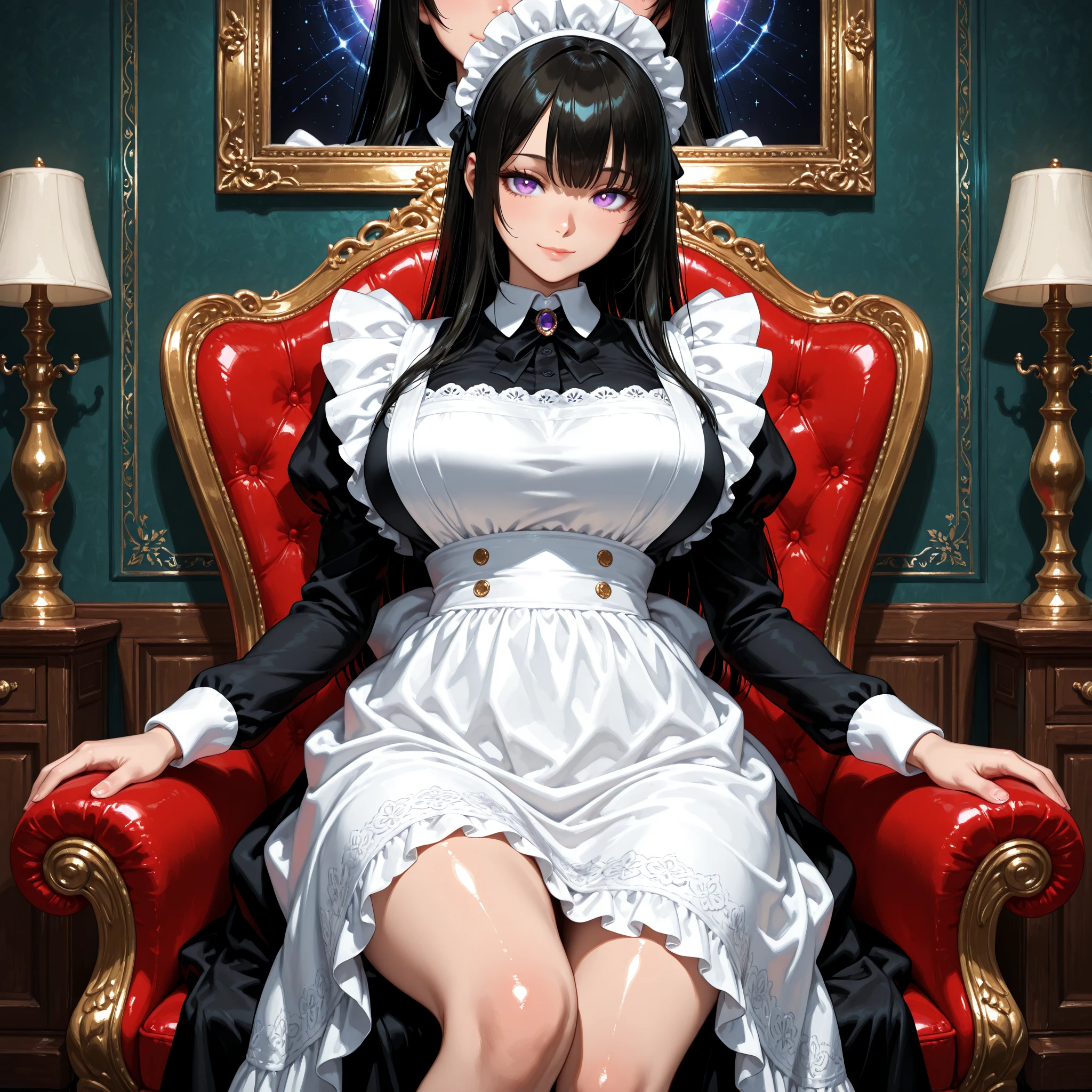 (anime style, masterpiece, best quality, ultra detailed, detailed face, detailed eyes, perfect eyes, detailed pupils, symmetrical eyes, evenly spaced eyes),
(intricate clothing, sharp focus, fine embroidery, folds and creases, material shine), third-person view, 
three-quarter view, 1girl, (standing, standing posture), facing forward, soft smile, symmetrical face:1.1, centered composition:1.1,
(purple eyes, big eyes, droopy eyes, gentle eyes, expressive eyes, vivid eye highlights),
(black long hair, straight hair, shiny skin, tall stature, curvy, large breasts, soft waist, long legs),
wearing victorian maid outfit, soft fabric, loose clothes, closed clothes,
BREAK 1boy, sitting in front of girl, facing her, faceless boy, (no lying:1.2),
(soft lighting:0.8), low contrast, luxurious victorian interior