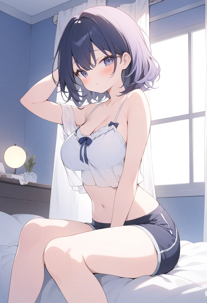 score_9, score_8_up, score_7_up, source_anime, 1girl, dark purple hair, brown eyes, ponytail, large breasts, bra, panties, Slight Body, embarrassed, pose, arms up, private room, apartment, front,