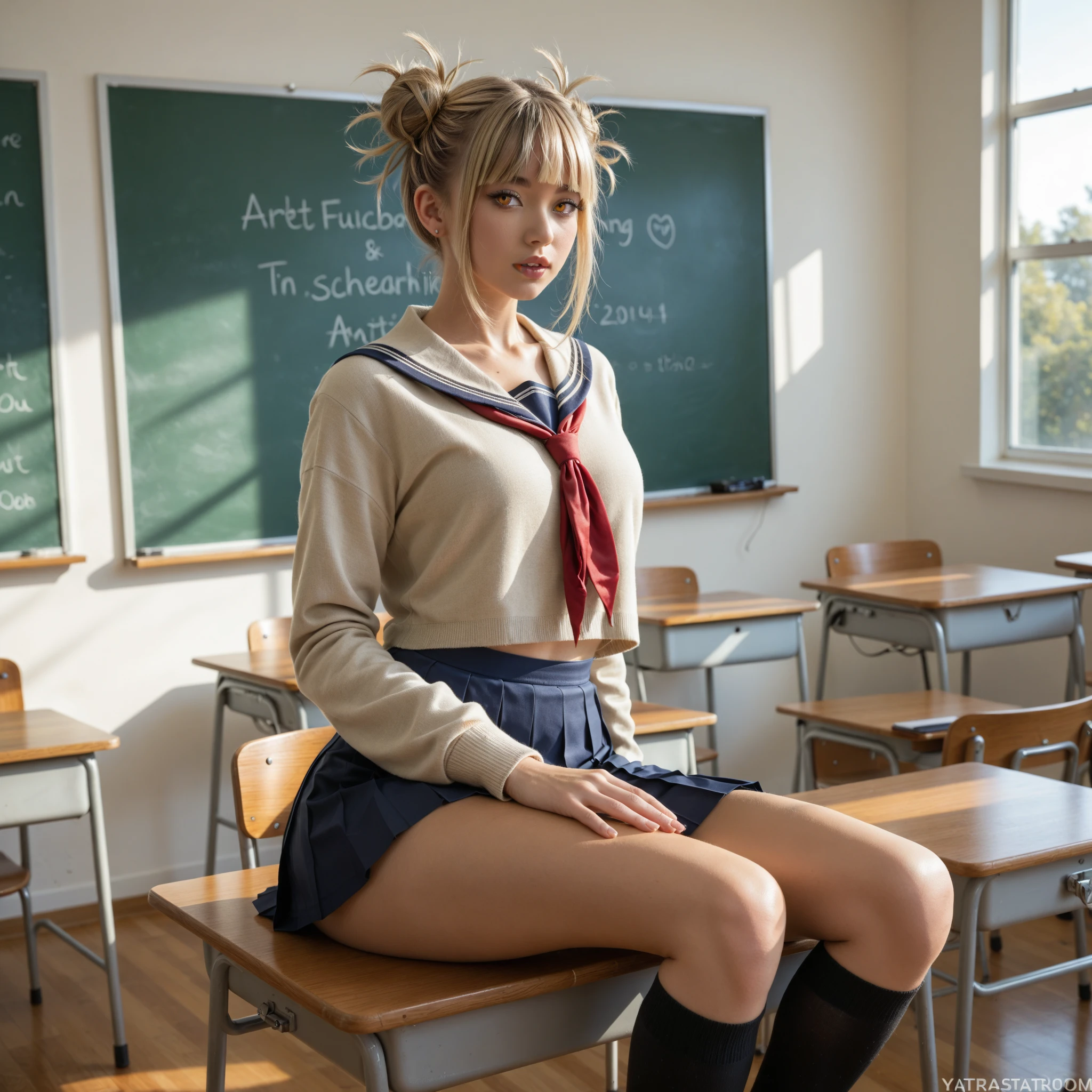 (masterpiece, best quality:1.2), 8k, official art, raw photo, incredibly absurdres, ,highschool student,beautiful girl, pretty face, arch back,  gardenia, short twintails, teen, classroom, looking at viewer, (cowboyshot:1.3),(small brests:1.2),(skinny:1.2),smile,(fullnude:1.7),pussy,fullbody,front view,