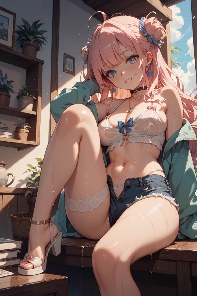 masterpiece, Highest quality, pretty girl, 16 , Scrunchie hair ornament, Twin tails,Big nipples,denim pencil mini skirt,hoodie, Patterned stockings, Leg belt, necklace, skinny , Pink and black padded bra,((showing off lace panties)),(I can see my nipples))