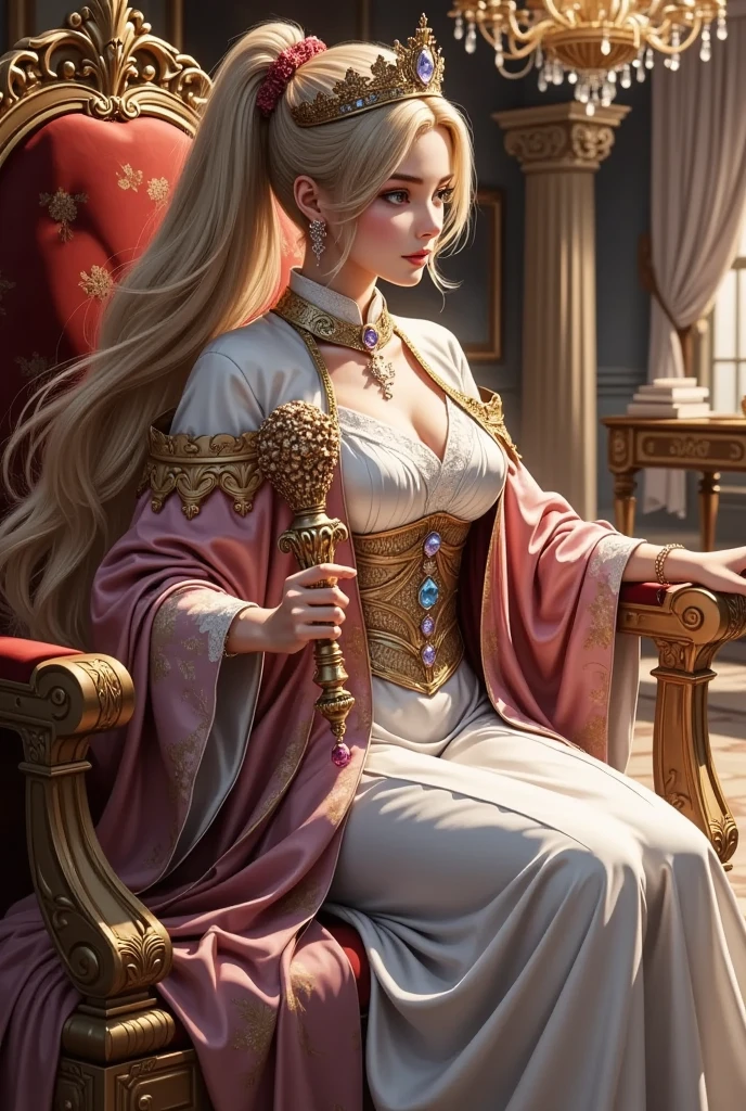 1 Russian Tsarina, golden jewelery, Ancient Russia, shiny fabrics, Russian embroidery, Masterpiece, portraits of a, gems, In the background the thrones, radiance, shiny pollen, Elegantly, filigree, Cinematic, 4k,