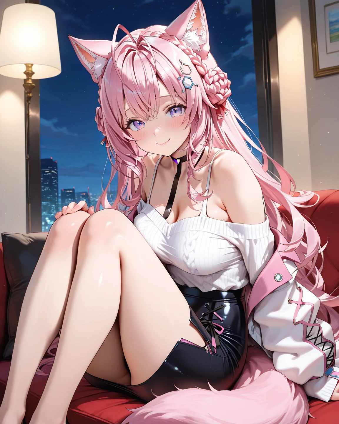 Close up, upper body, 1 girl, smile, wolf ears, wolf tail, random eyes: 10, hair between eyes, split color hair: 5, (((Colorful hair color: 1))))), (((Random hair color: 1)))), colorful hairstyle: 5, striped hair, long hair, hair end jewels, (Cute random Cadeza tank top: 5 random cute panties: 15Cute interior with super luxurious bedroom with jewels, AI: 5, (on the bed: 15), laughing at the viewer embarrassedly, blushing, night landscape,